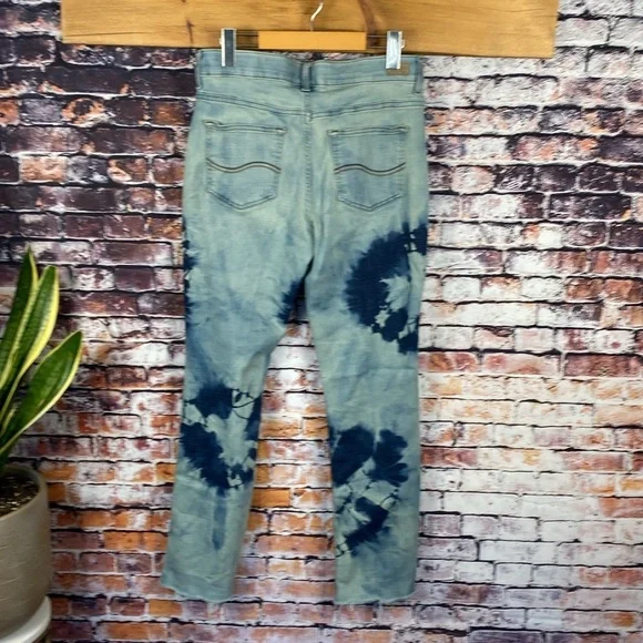 Lee Blue Tie-Dye Mid Rise Bootcut Fringe Hem Stretch hippie Jeans Size 10 - Picture 10 of 14